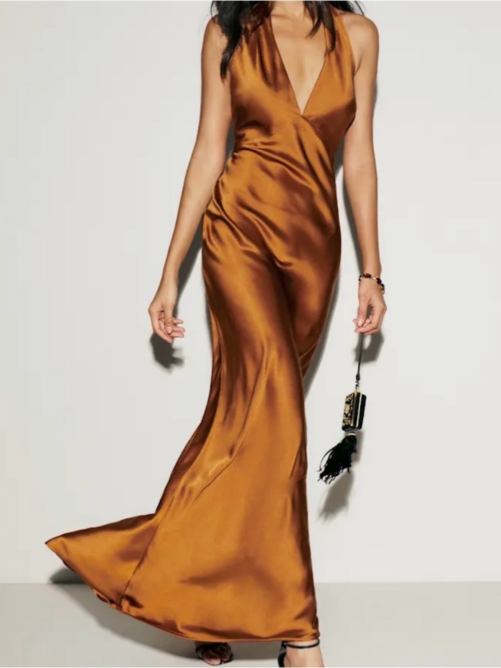 Reformation Satin Copper-Brown Halter Maxi Dress